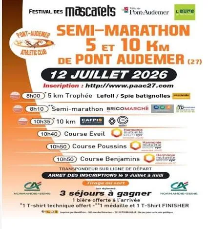 5, 10 km et Semi-marathon des Mascarets de Pont-Audemer — Bourneville ste croix (27), 12 juillet 2026 · Course à pied